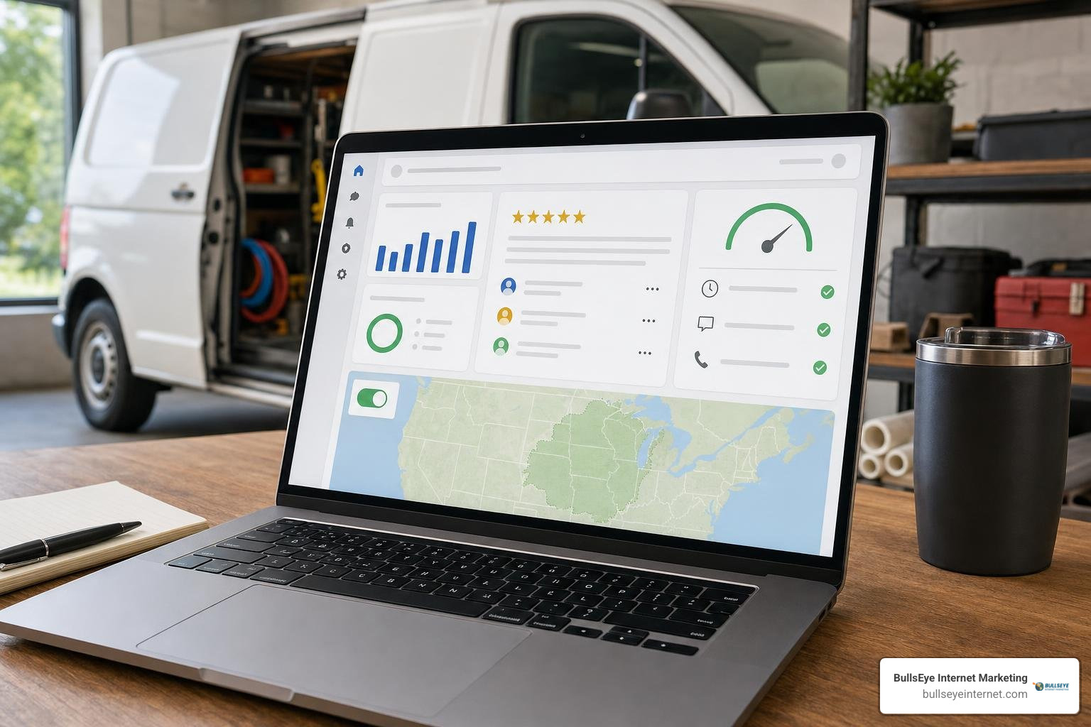 Google LSA profile dashboard showing review recency, response speed metrics, and service area toggles Laptop displaying Google Local Services Ads dashboard and performance metrics for plumbing businesses.