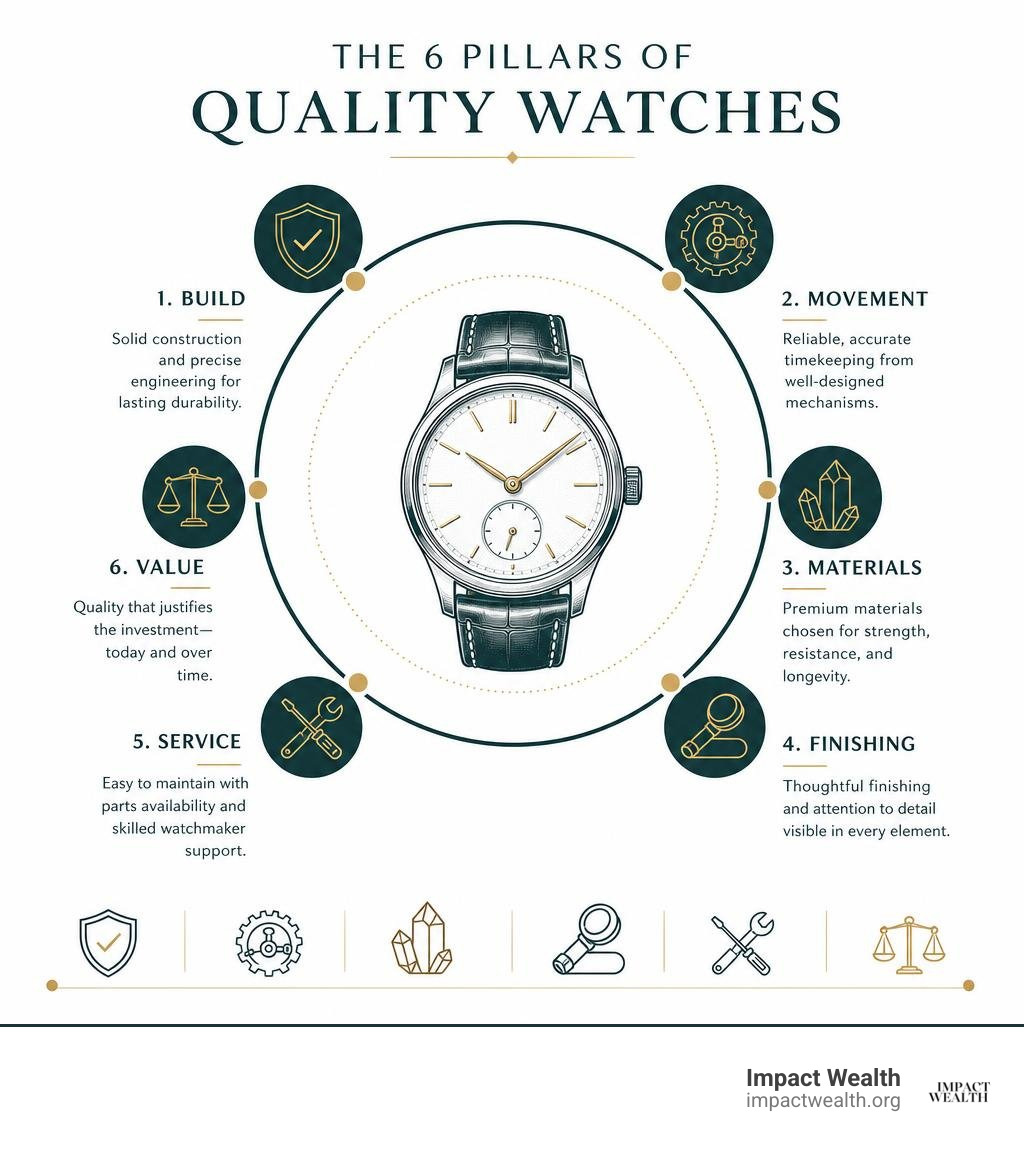 Infographic comparing quality watch pillars: build, movement, materials, finishing, service, value infographic Infographic comparing quality watch pillars: build, movement, materials, finishing, service, value infographic