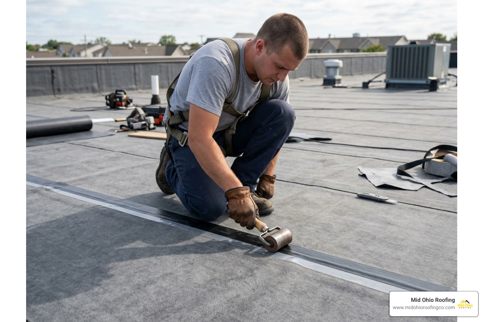 Technician applying pressure with a hand roller to an EPDM seam tape joint
