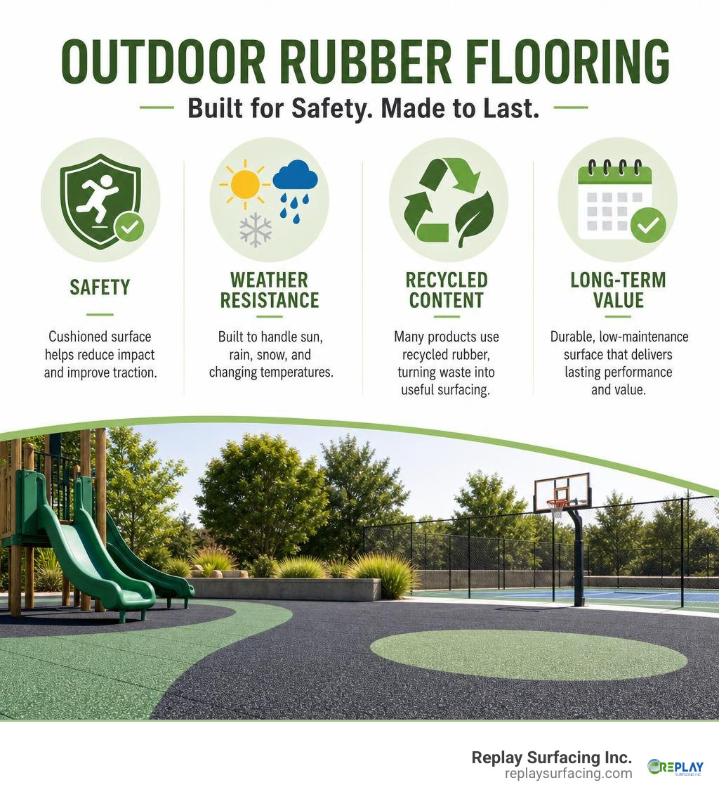 Outdoor rubber flooring benefits: safety, weather resistance, recycled content, and long-term value infographic Outdoor rubber flooring benefits: safety, weather resistance, recycled content, and long-term value infographic