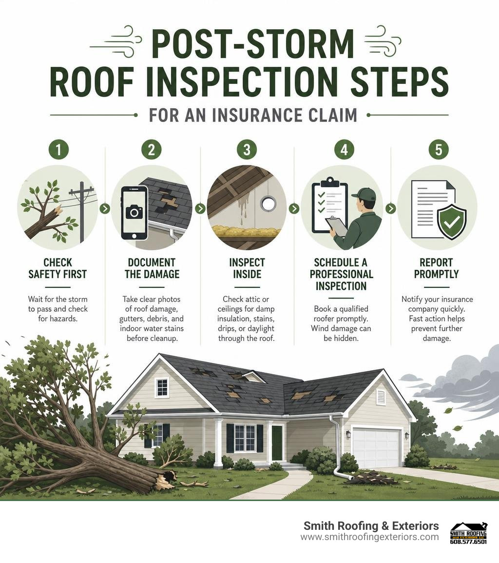 Post-storm roof inspection steps for an insurance claim infographic Post-storm roof inspection steps for an insurance claim infographic