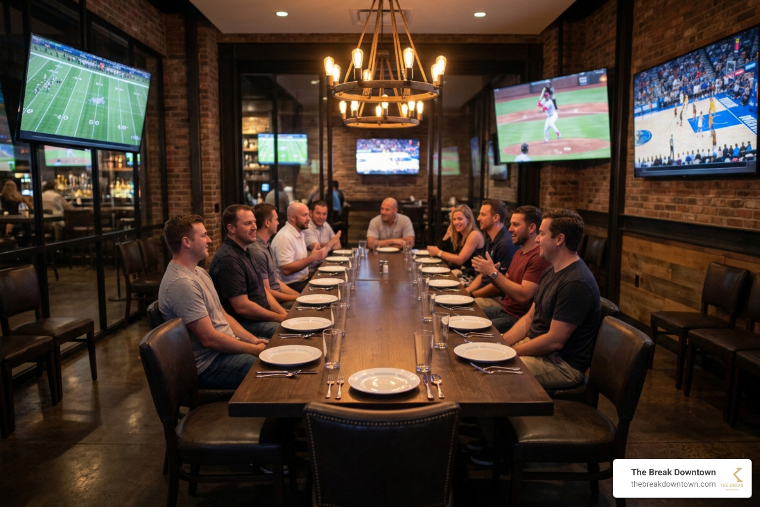 Private dining space set up for sports viewing events and group celebrations