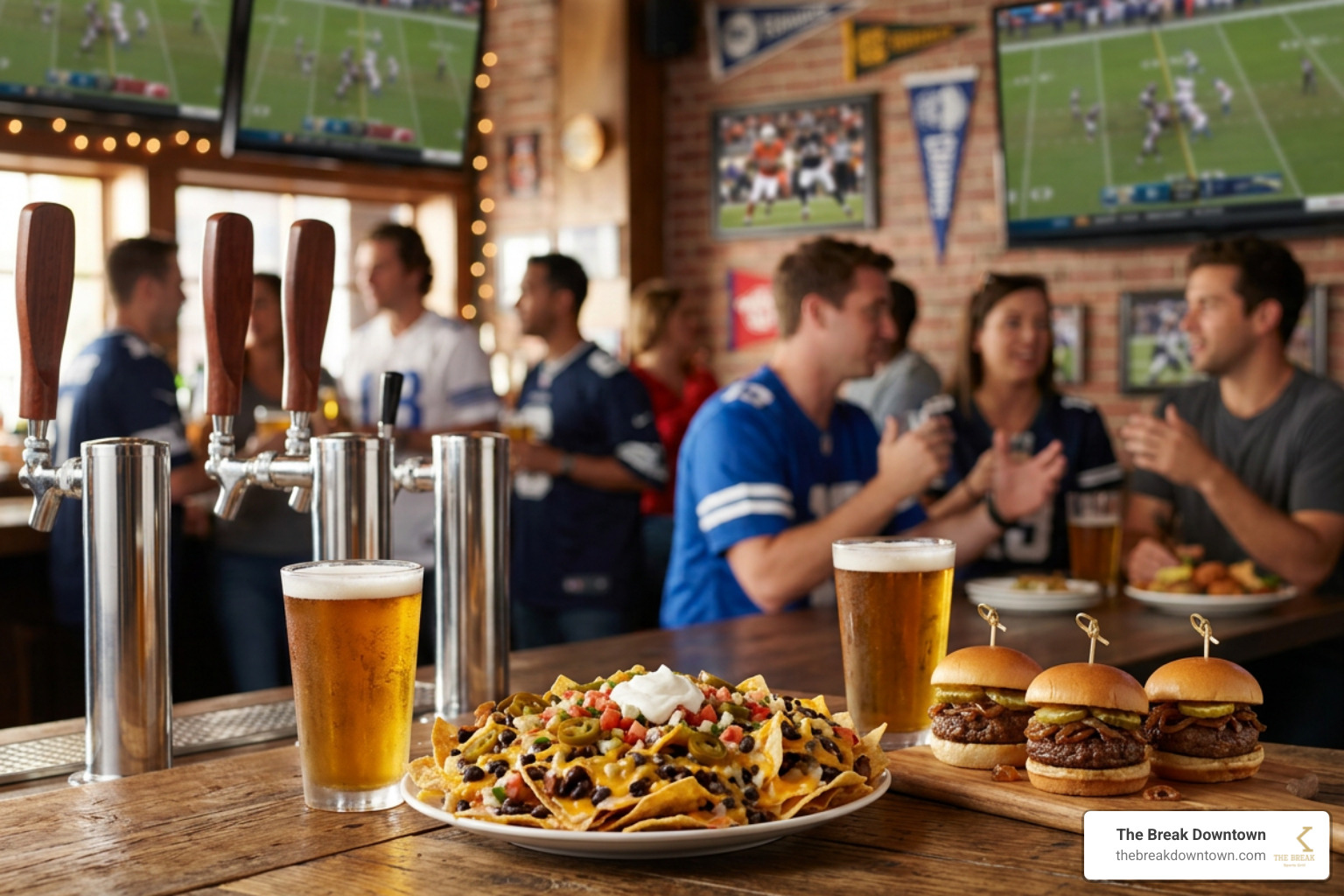 Gourmet pub food and cold draft beer taps in a vibrant sports bar setting