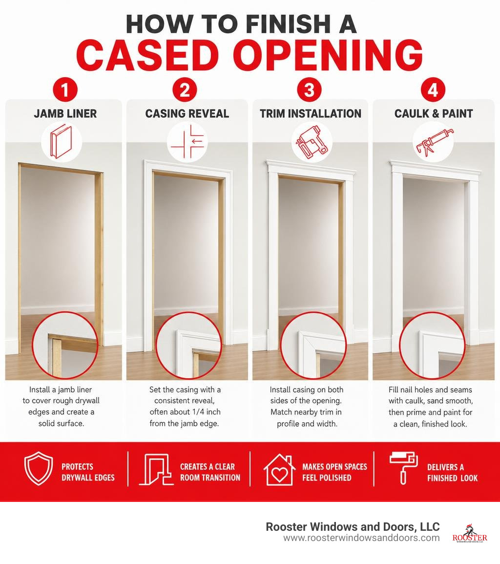 Infographic showing jamb liner, casing reveal, trim installation, caulk and paint infographic Infographic showing jamb liner, casing reveal, trim installation, caulk and paint infographic