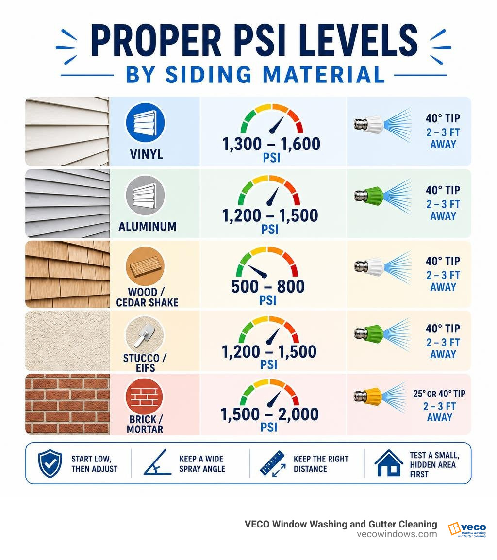 Proper PSI levels by siding material: vinyl, aluminum, wood, stucco, brick infographic