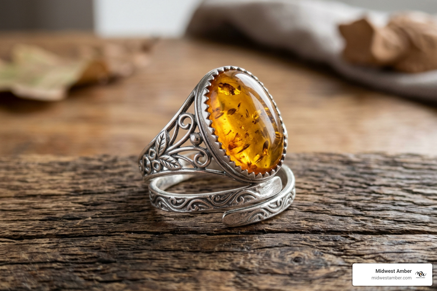 adjustable silver ring with butterscotch Baltic amber stone
