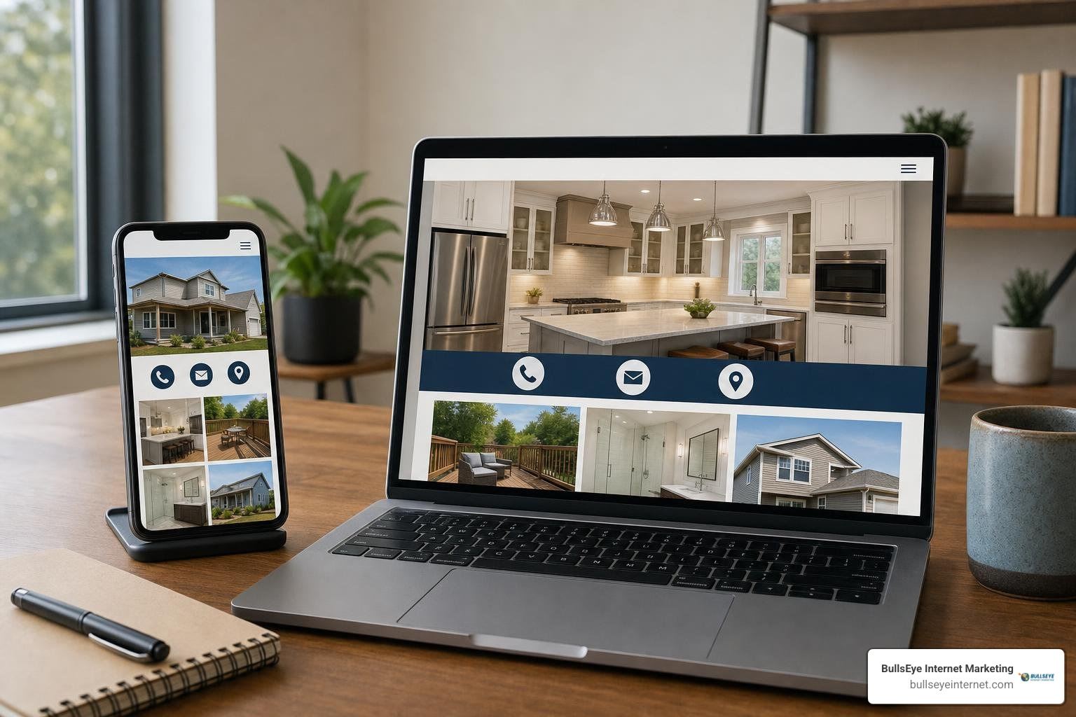responsive contractor website design Laptop and smartphone displaying contractor website with interior and exterior home photos and call-to-action buttons.