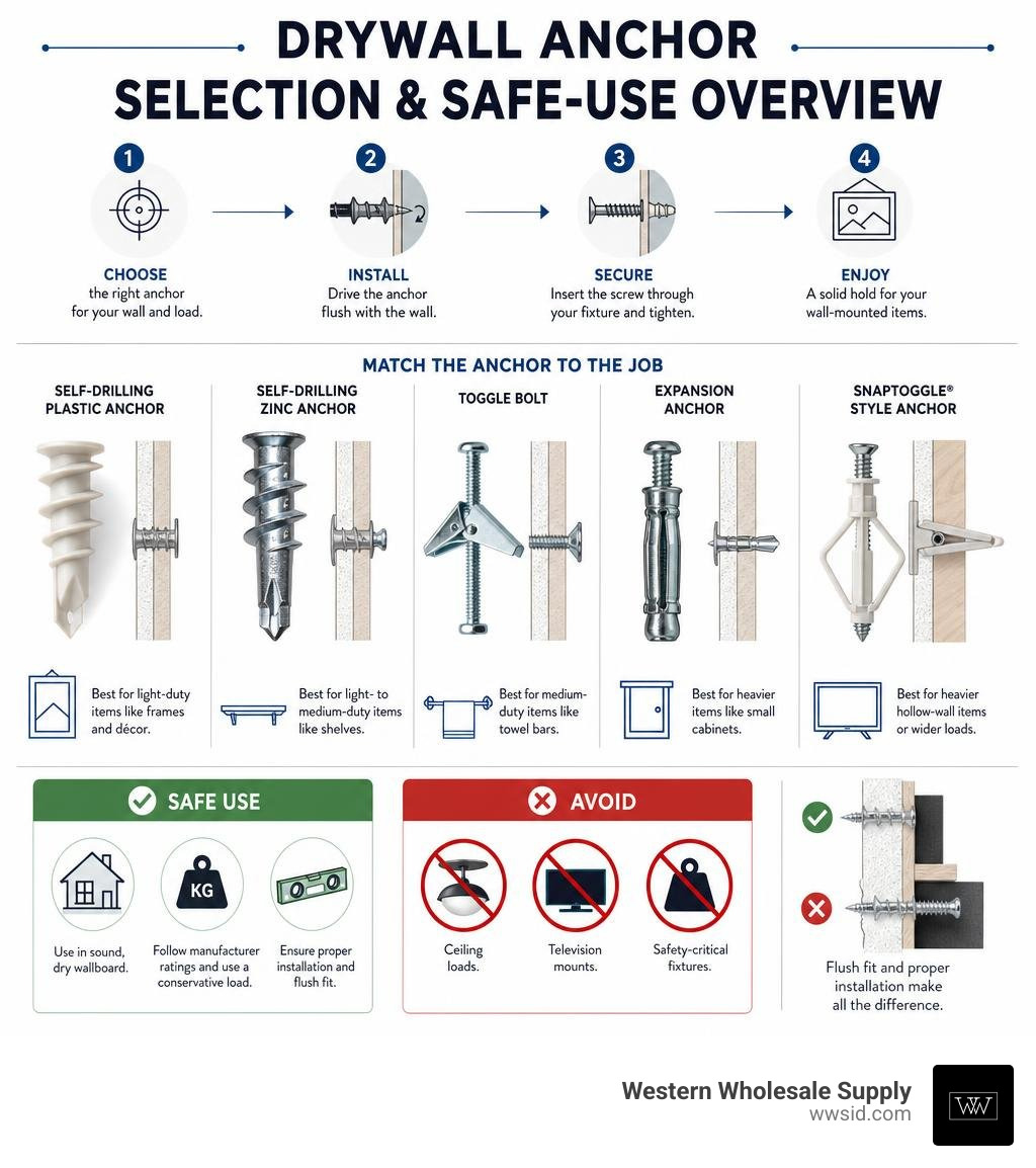 Drywall anchor selection and safe-use overview infographic Drywall anchor selection and safe-use overview infographic
