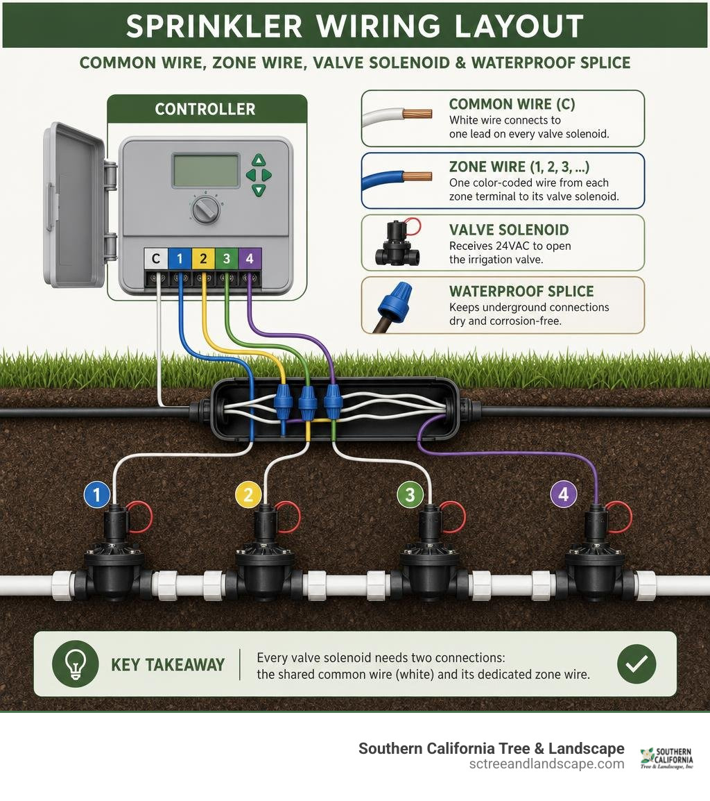 Sprinkler controller common wire, zone wire, valve solenoid, and waterproof splice layout infographic