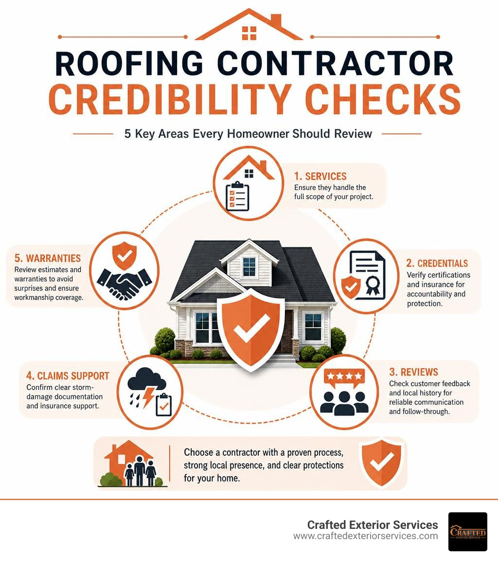 Infographic showing roofing contractor credibility checks for services credentials reviews claims and warranties infographic