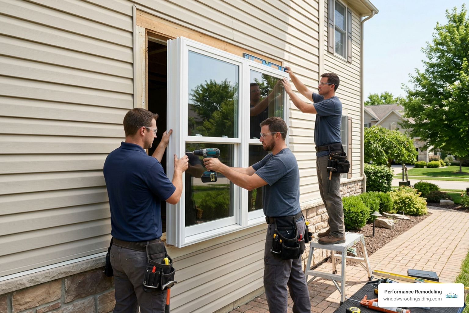 Skilled installation team securing replacement window unit Skilled installation team securing replacement window unit