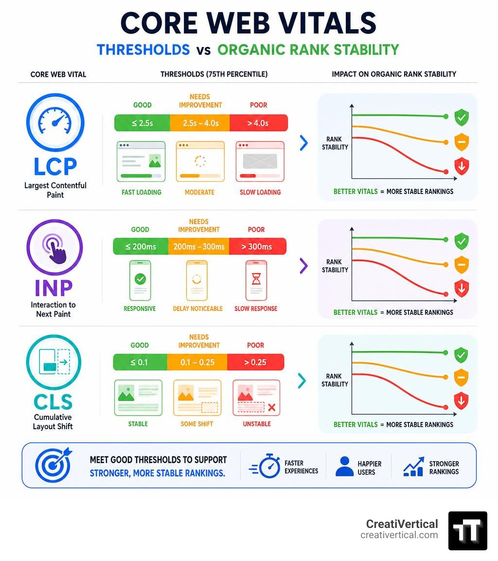 Infographic comparing Core Web Vitals thresholds LCP, INP, and CLS against organic rank stability infographic
