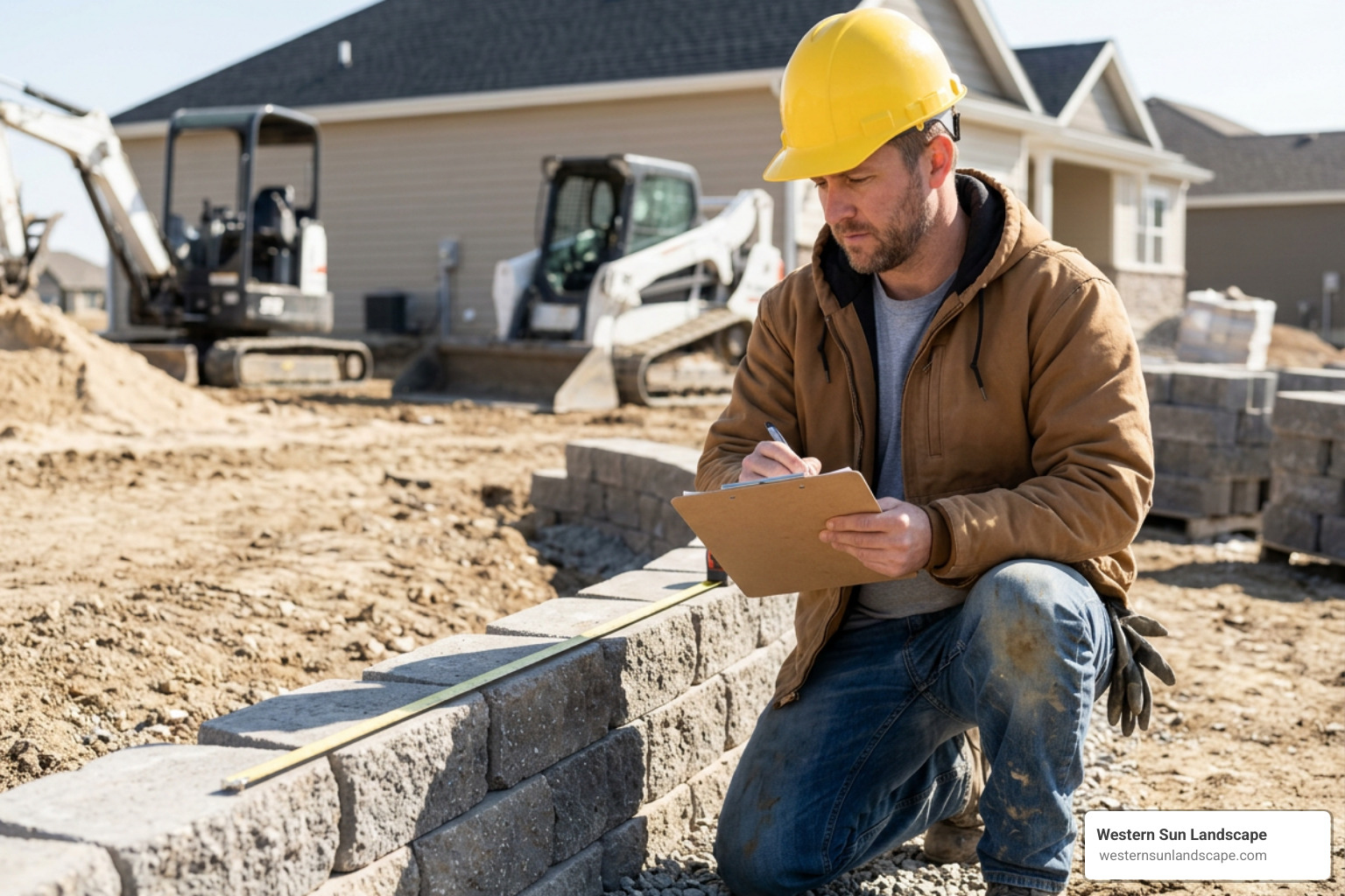 contractor taking site measurements for retaining wall engineering