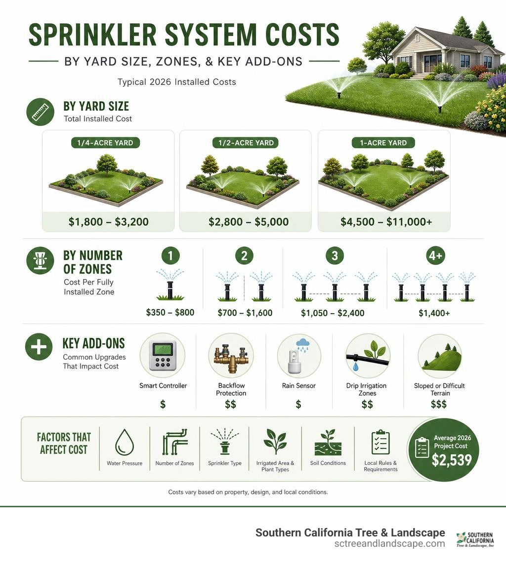 Infographic showing sprinkler system costs by yard size, zones, and key add-ons infographic Infographic showing sprinkler system costs by yard size, zones, and key add-ons infographic