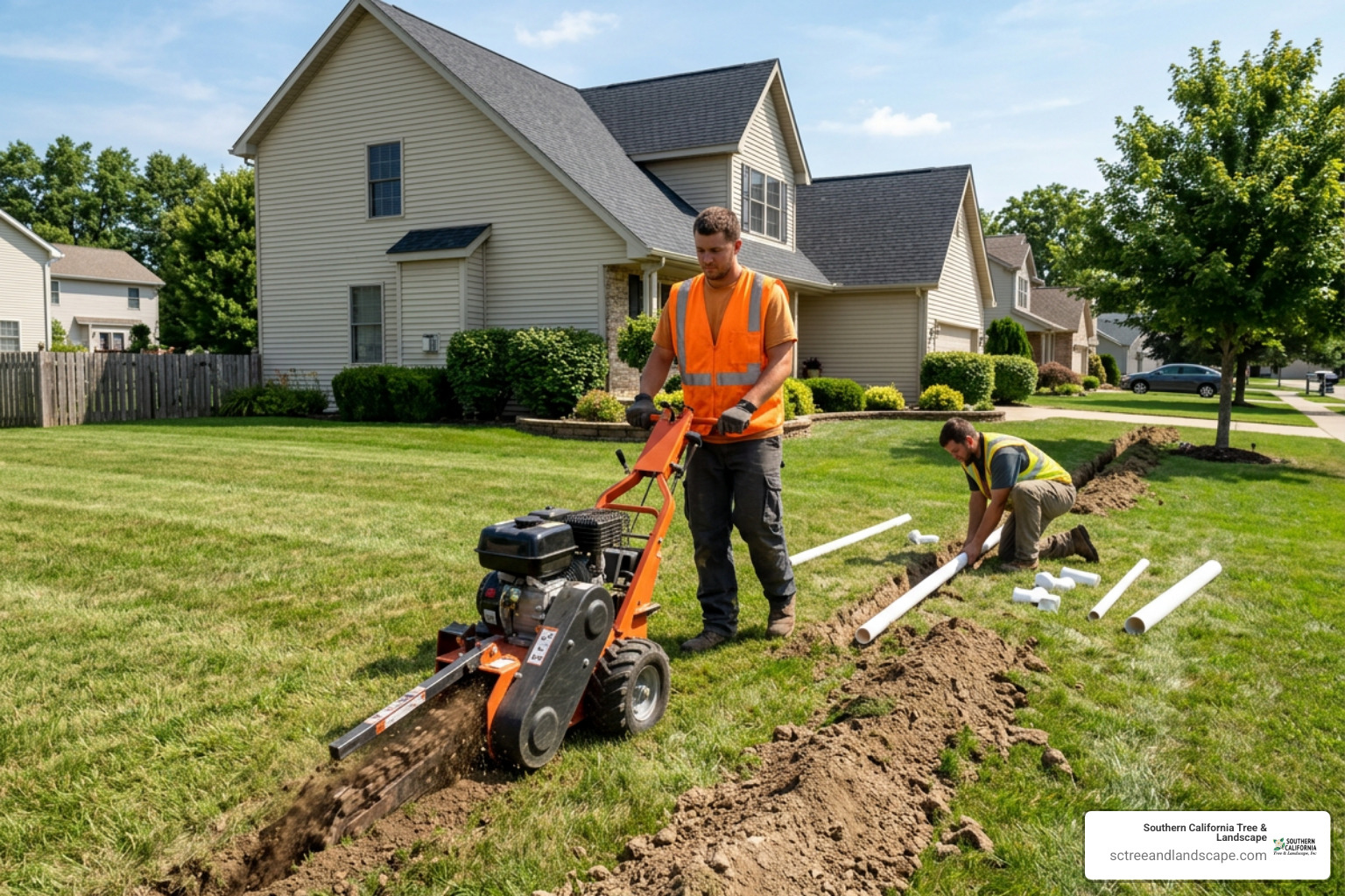 landscapers trenching underground irrigation lines landscapers trenching underground irrigation lines
