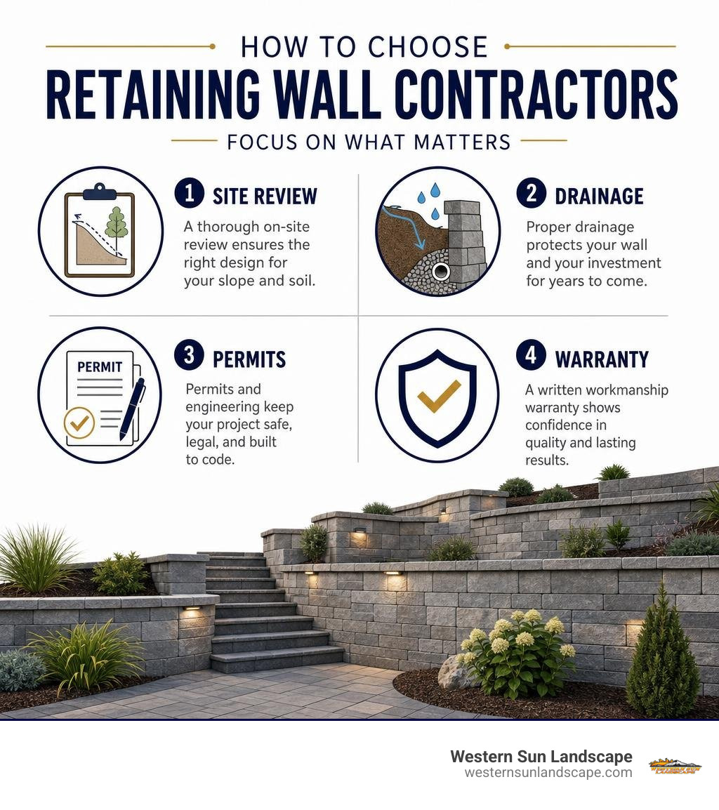 How to choose retaining wall contractors: site review, drainage, permits, warranty infographic
