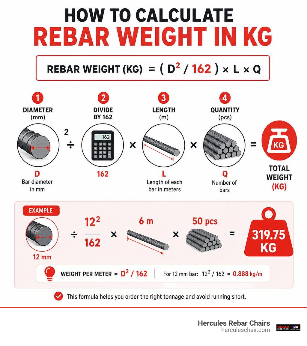 Rebar weight calculation using diameter squared divided by 162 then length and quantity infographic