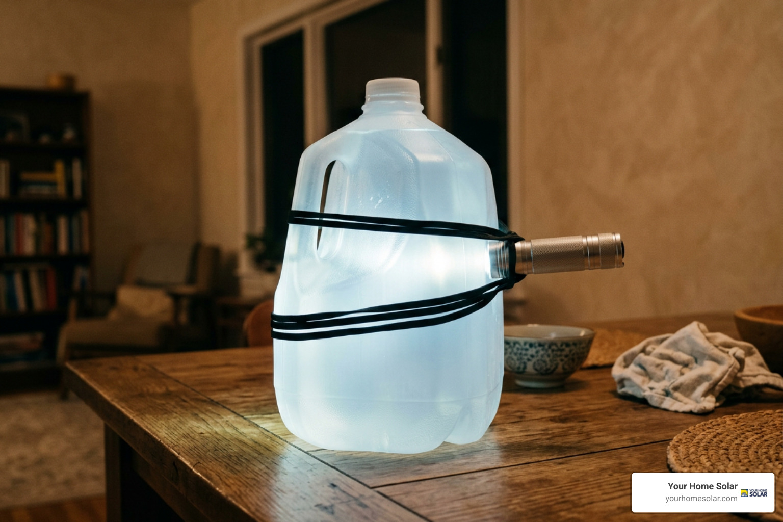DIY water jug lantern diffusing flashlight beam into ambient light DIY water jug lantern diffusing flashlight beam into ambient light