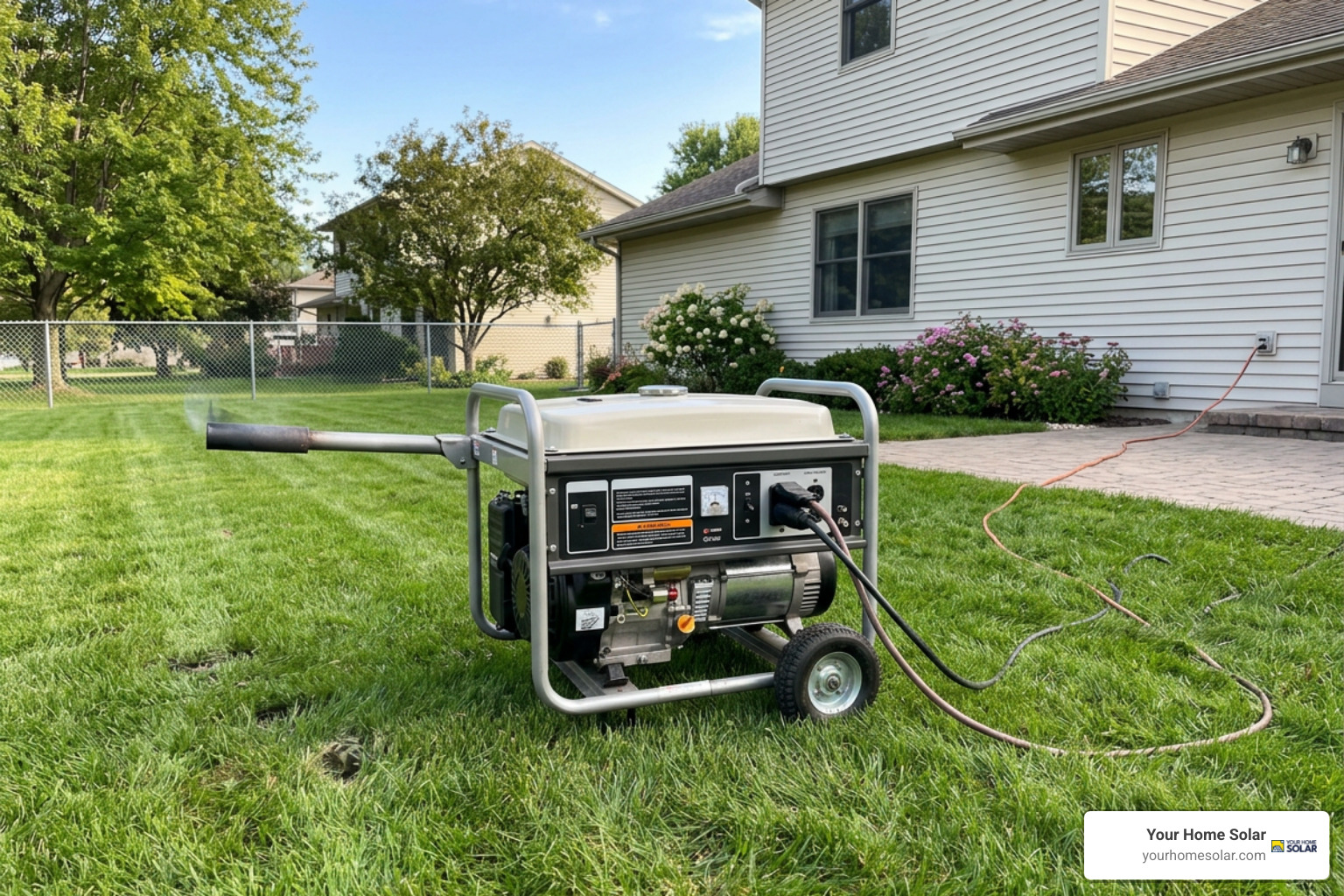 Portable emergency gas generator operating safely outdoors Portable emergency gas generator operating safely outdoors