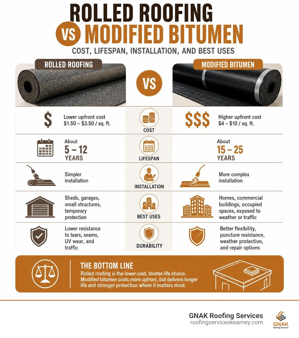 Rolled roofing and modified bitumen comparison: cost, lifespan, installation, and best uses infographic Rolled roofing and modified bitumen comparison: cost, lifespan, installation, and best uses infographic