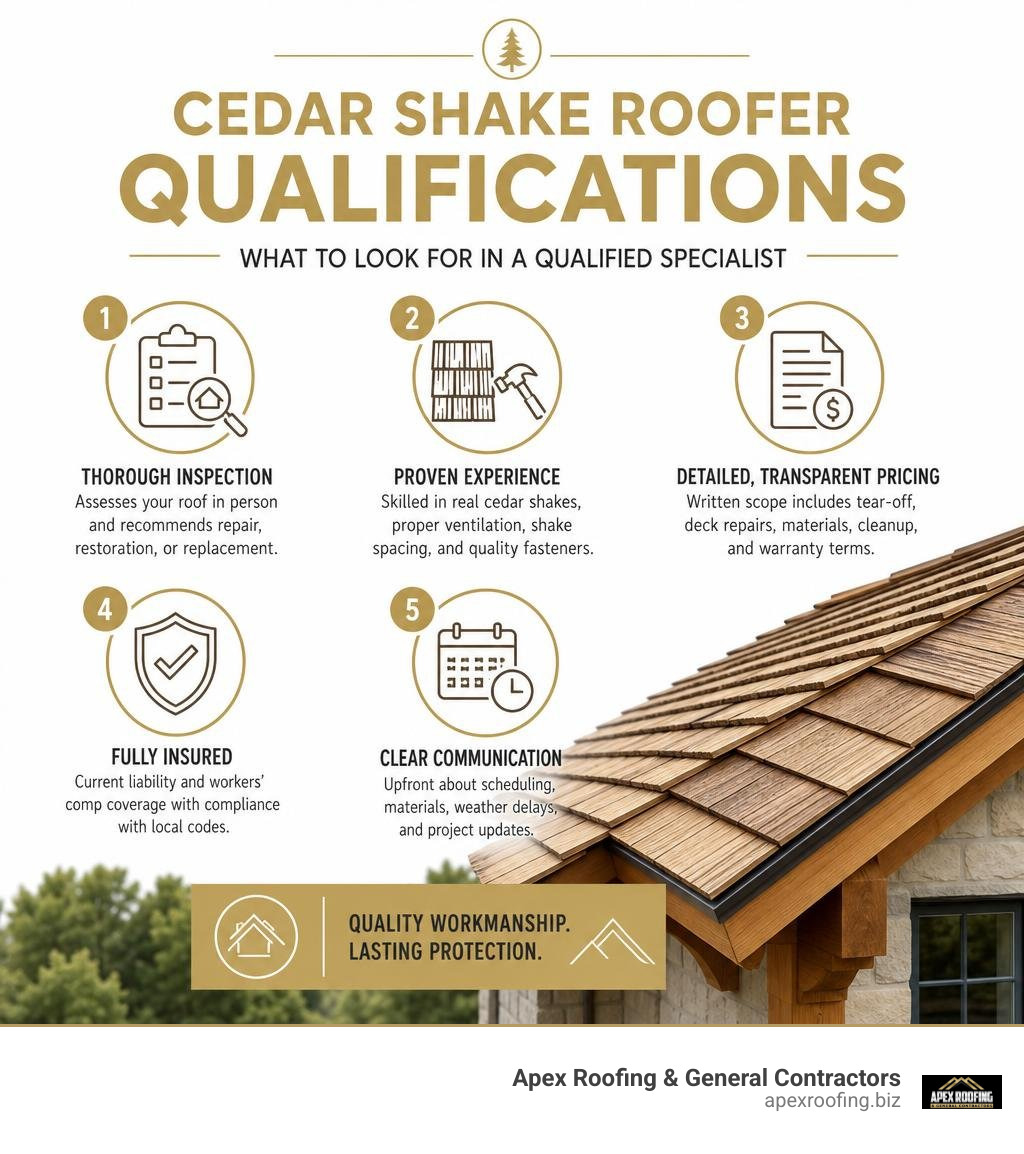 Infographic showing cedar shake roofer qualifications infographic