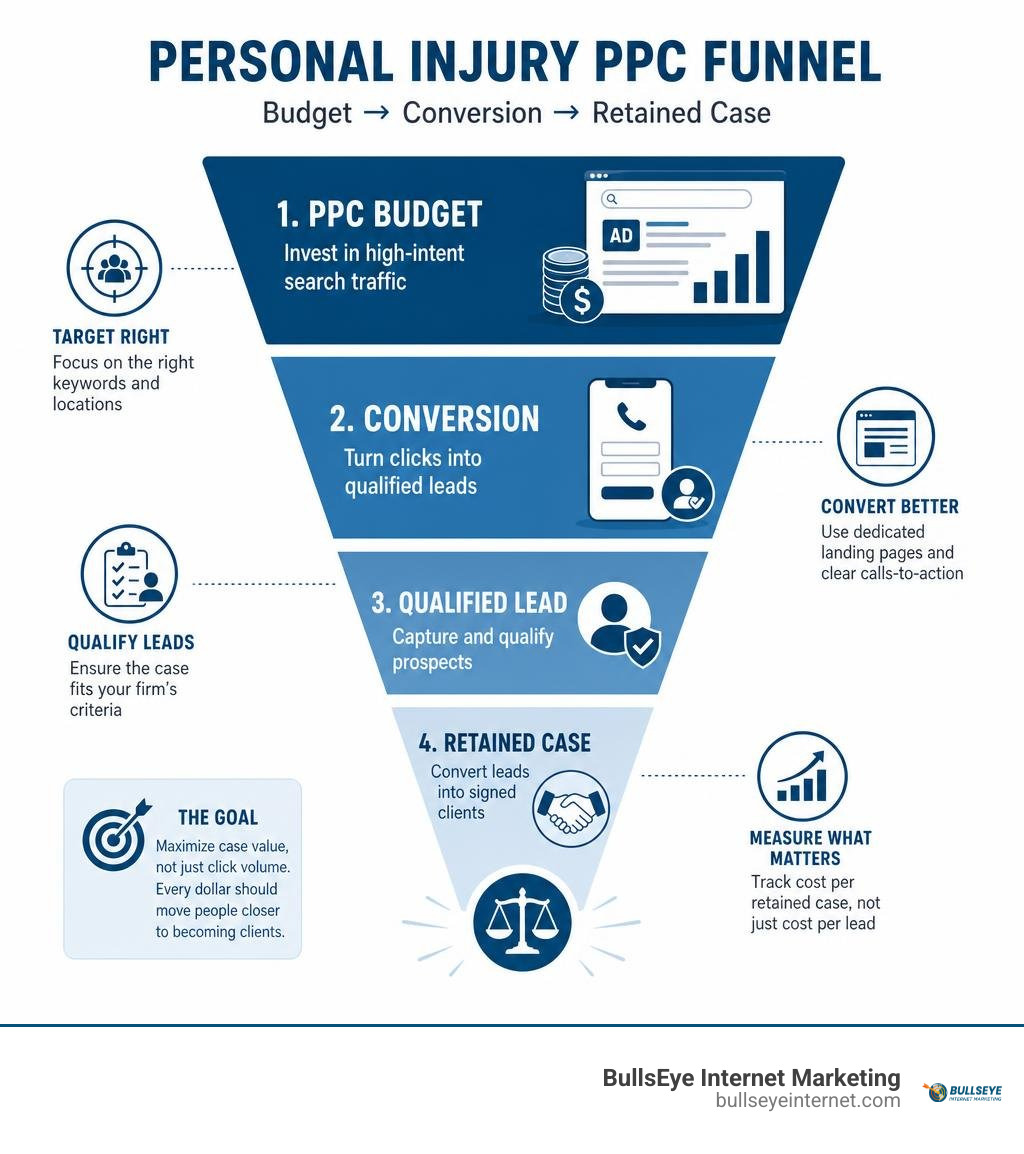 Personal injury PPC budget, conversion, and retained-case funnel infographic Personal injury PPC funnel illustrating budget, conversion, and retained case acquisition for law firms.