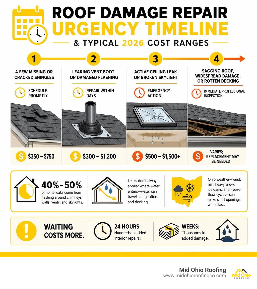Roof damage repair urgency timeline and typical 2026 cost ranges infographic Roof damage repair urgency timeline and typical 2026 cost ranges infographic
