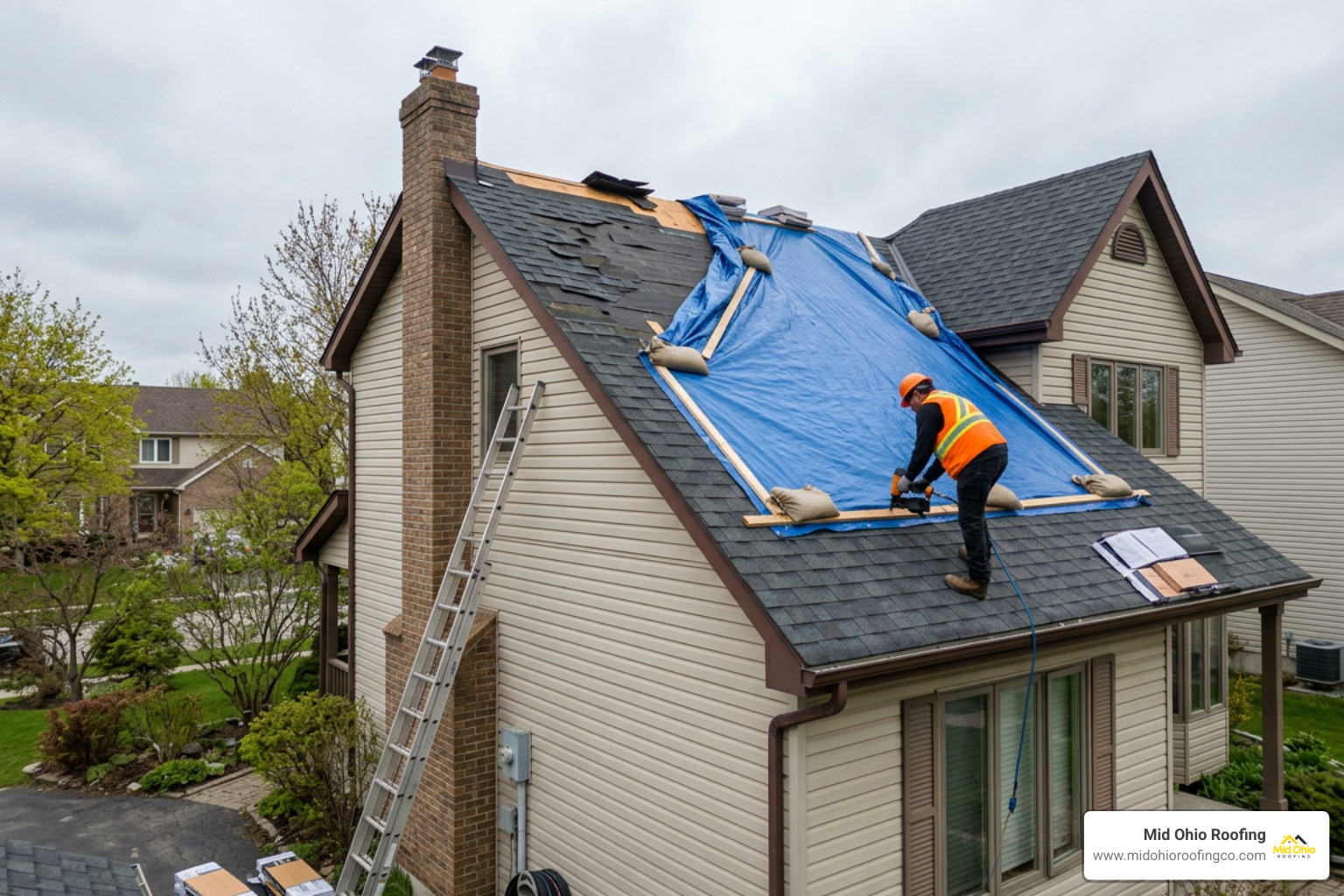 Emergency tarping applied to a wind damaged shingle roof Emergency tarping applied to a wind damaged shingle roof