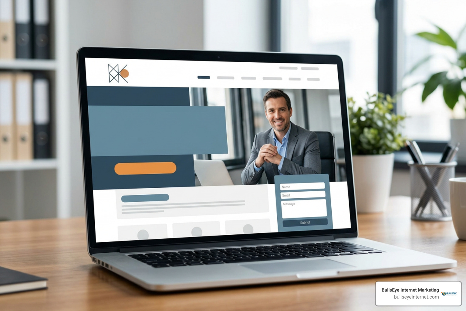 high-converting personal injury landing page layout Laptop displaying high-converting personal injury landing page with attorney and contact form.