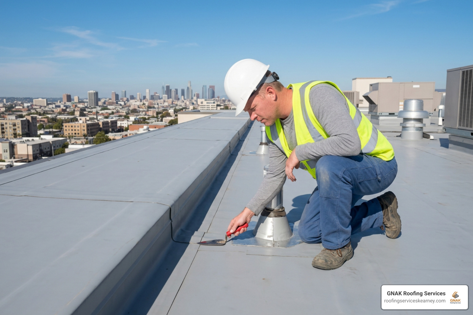 Roof inspector evaluating seams and flashing details on a completed low-slope commercial roof Roof inspector evaluating seams and flashing details on a completed low-slope commercial roof