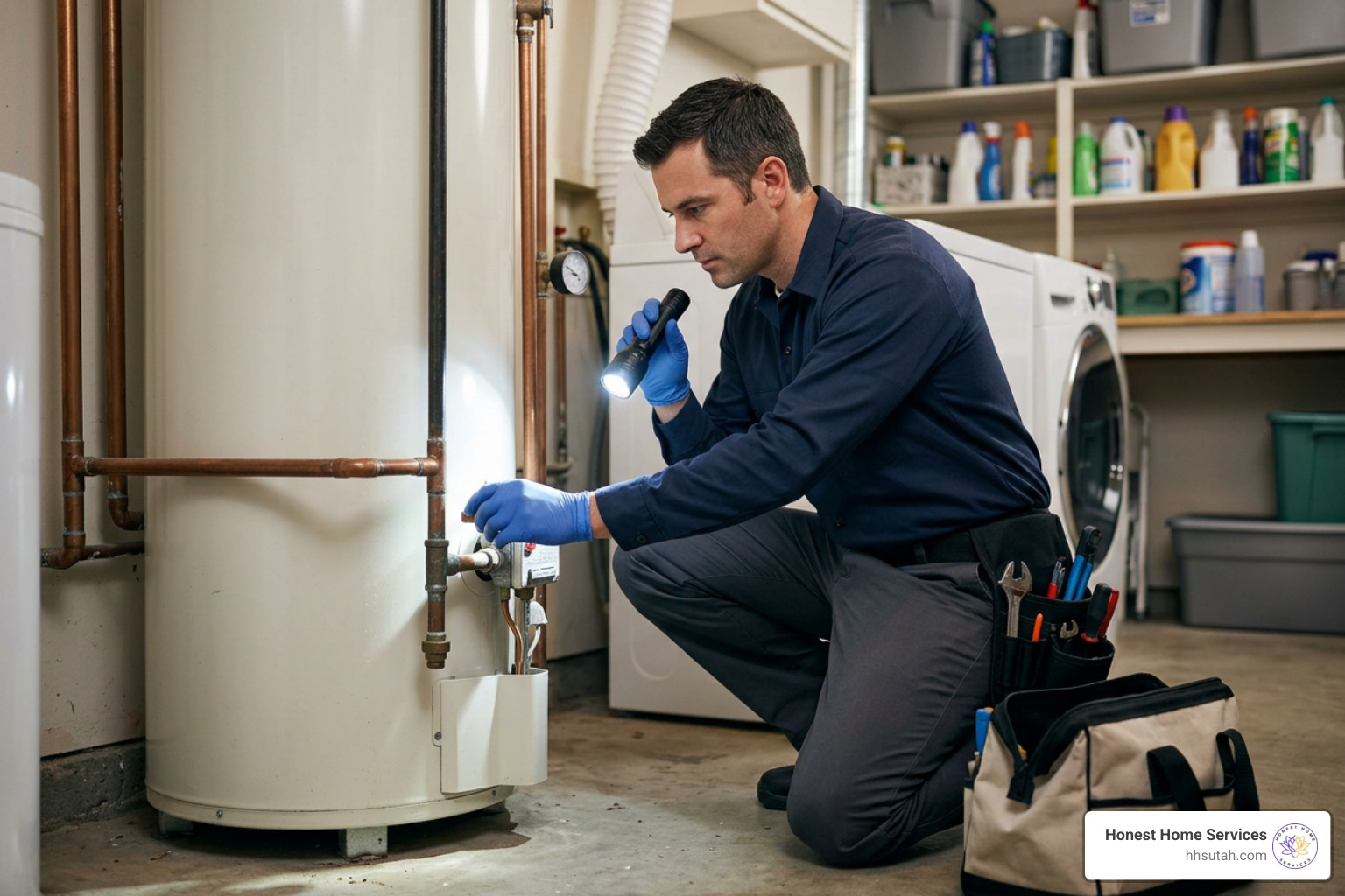 professional plumber inspecting a water heater unit professional plumber inspecting a water heater unit