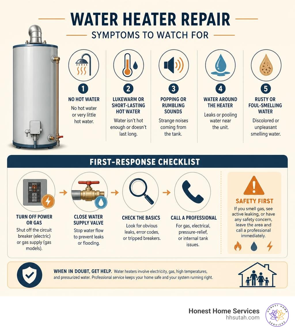 Water heater repair symptoms and first-response checklist infographic Water heater repair symptoms and first-response checklist infographic