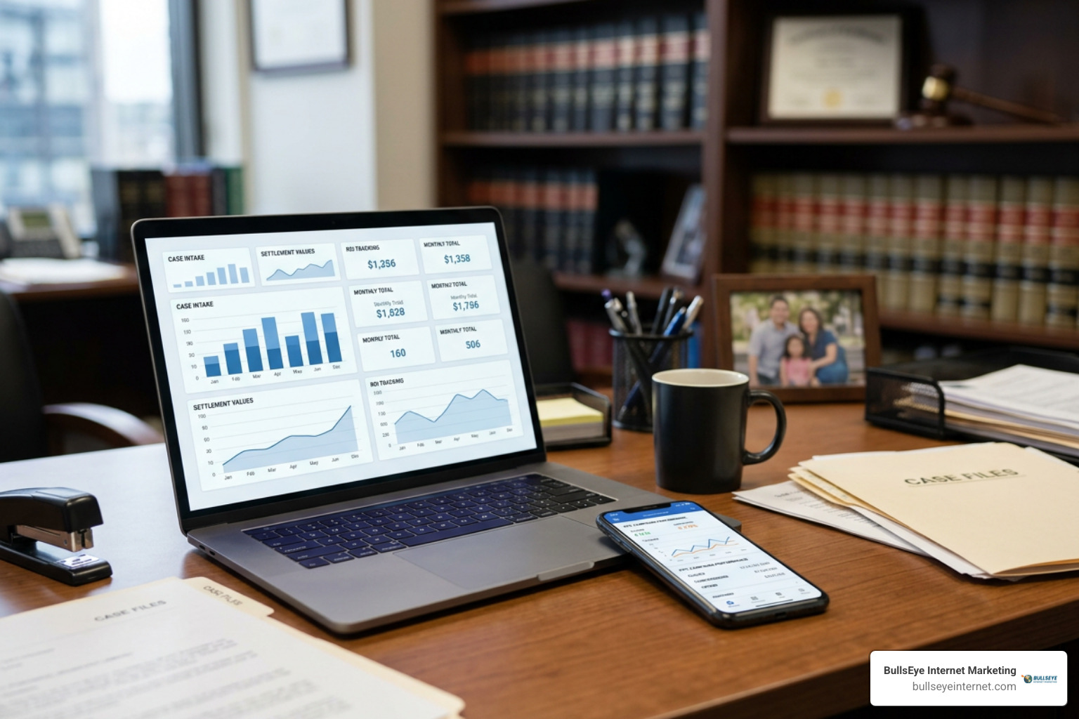 tracking personal injury case ROI and intake metrics Laptop displaying PPC campaign data and analytics for personal injury law firms.