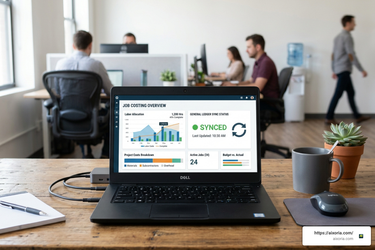 Job costing dashboard showing labor allocation and general ledger sync