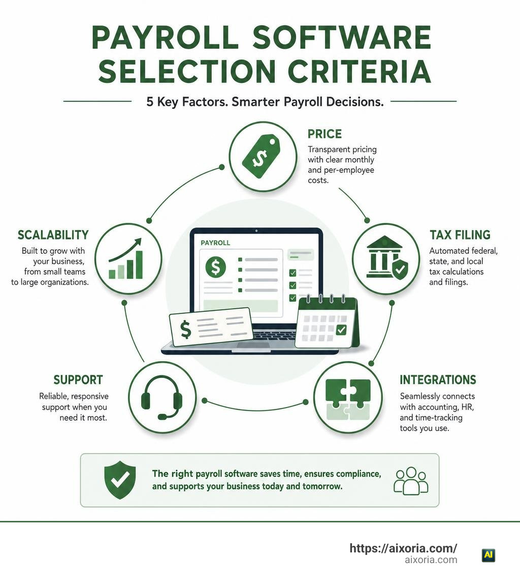 Payroll software selection criteria: price, tax filing, integrations, support, and scalability infographic