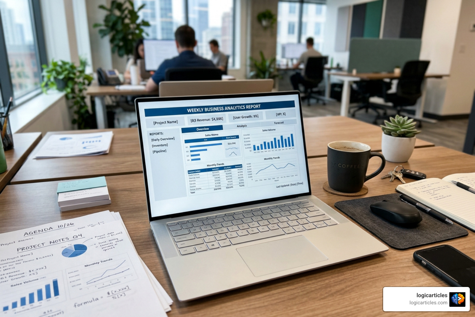 Structured report layout with dynamic database placeholders and automated formatting