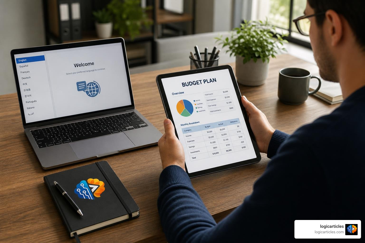 Interactive budget planning document with brand guidelines and multi-language settings