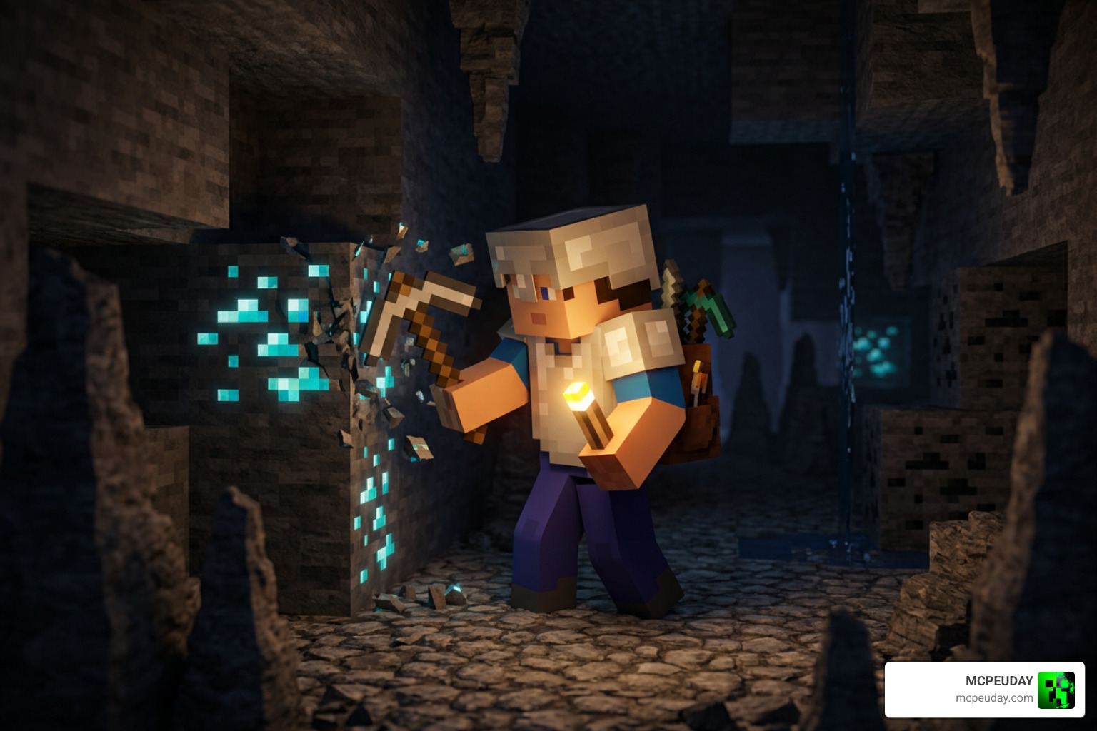 Player mining diamond ore in a cave with offhand torch lit Player mining diamond ore in a cave with offhand torch lit