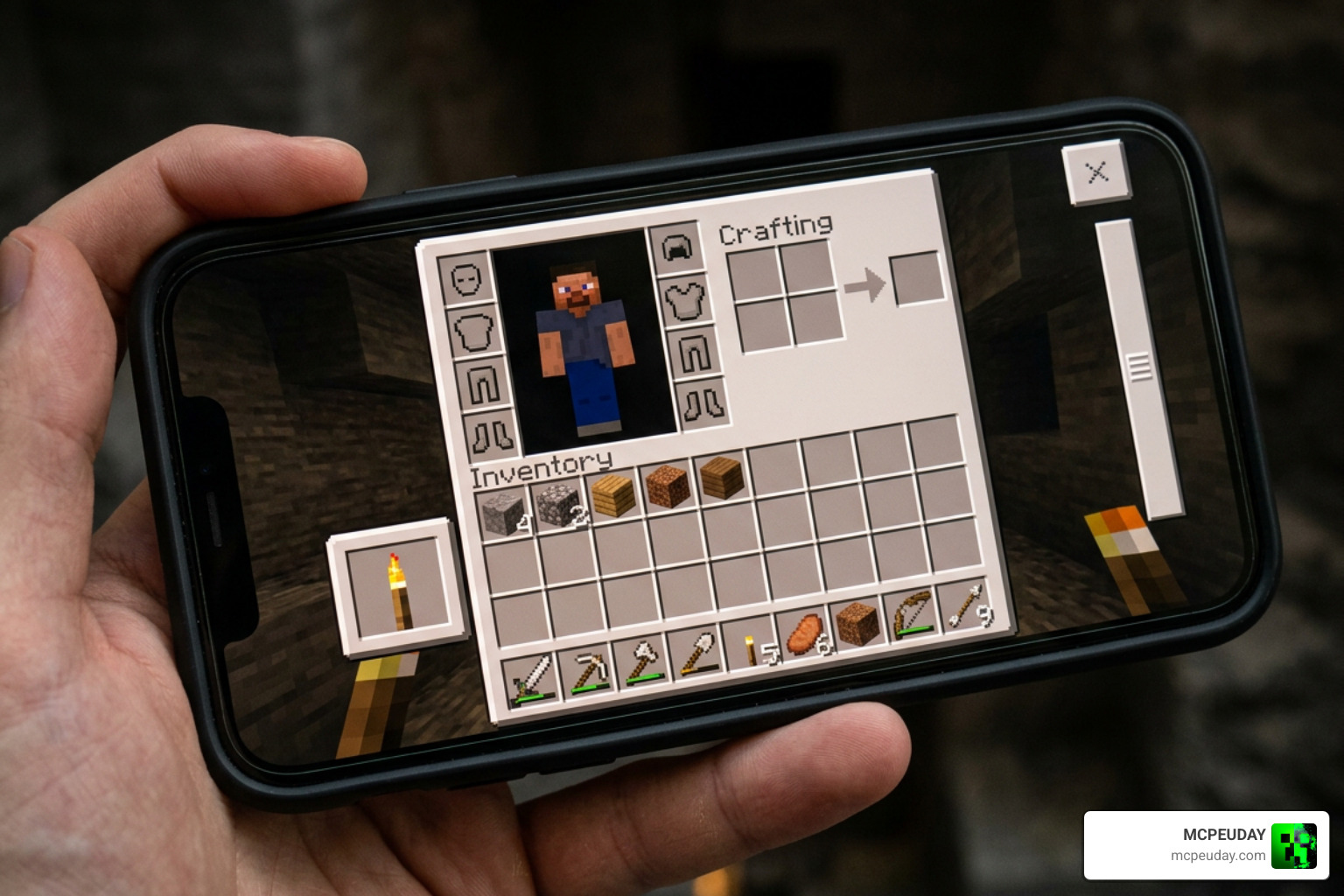 Minecraft PE inventory screen showcasing the offhand item slot Minecraft PE inventory screen showcasing the offhand item slot