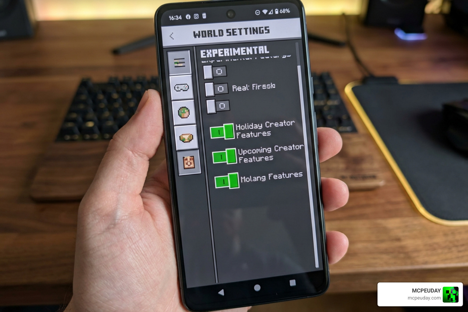 Minecraft PE world settings experimental features toggles menu
