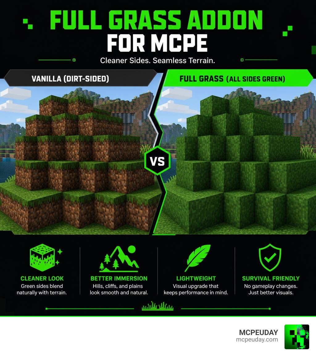 Infographic showing vanilla dirt-sided grass blocks versus full green grass blocks in MCPE infographic Infographic showing vanilla dirt-sided grass blocks versus full green grass blocks in MCPE infographic