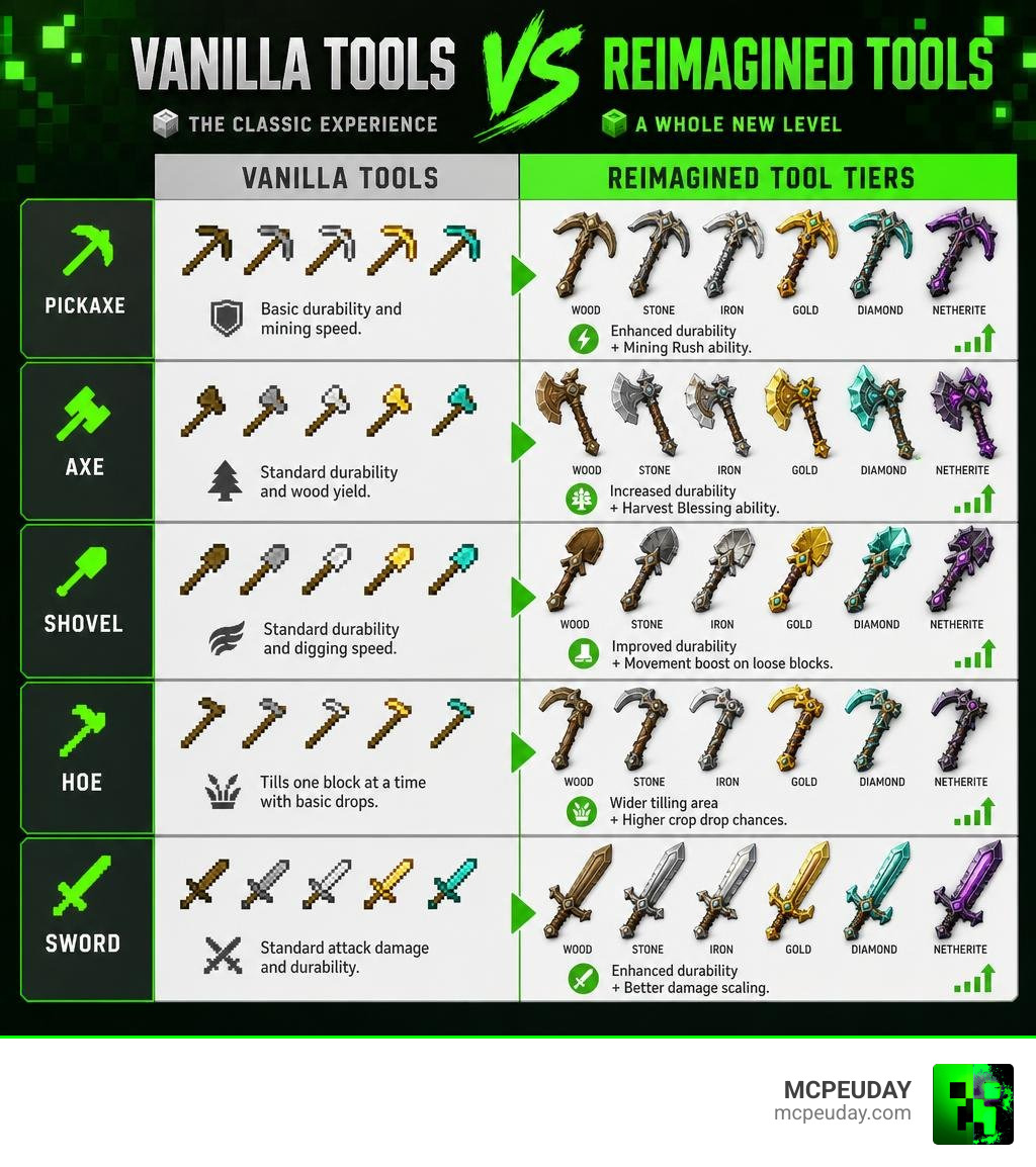 Comparison table of vanilla minecraft tools vs reimagined tool tiers infographic