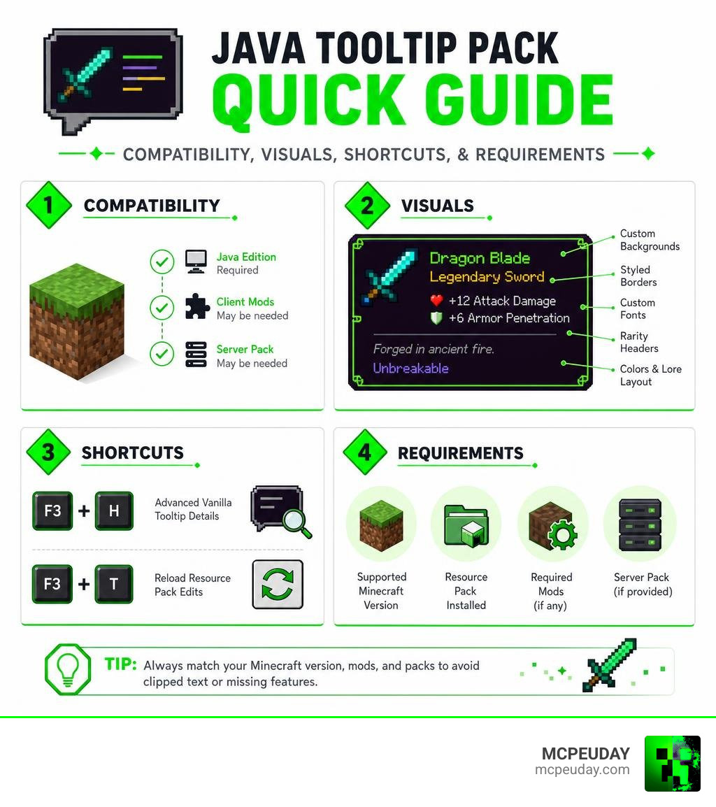 Java tooltip pack quick guide: compatibility, visuals, shortcuts, and requirements infographic Java tooltip pack quick guide: compatibility, visuals, shortcuts, and requirements infographic