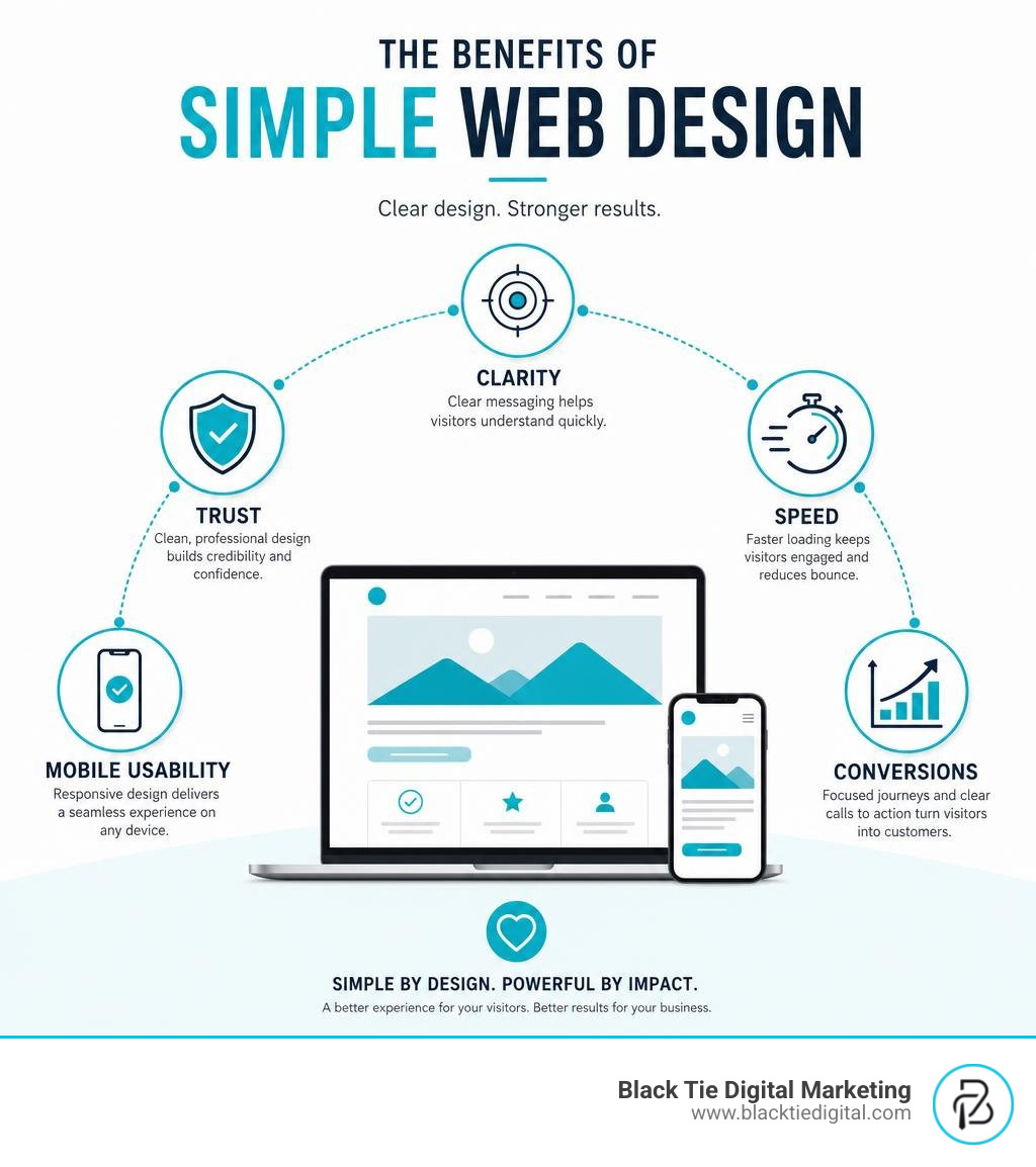 simple web design benefits infographic showing clarity, trust, speed, mobile usability, and conversions infographic simple web design benefits infographic showing clarity, trust, speed, mobile usability, and conversions infographic