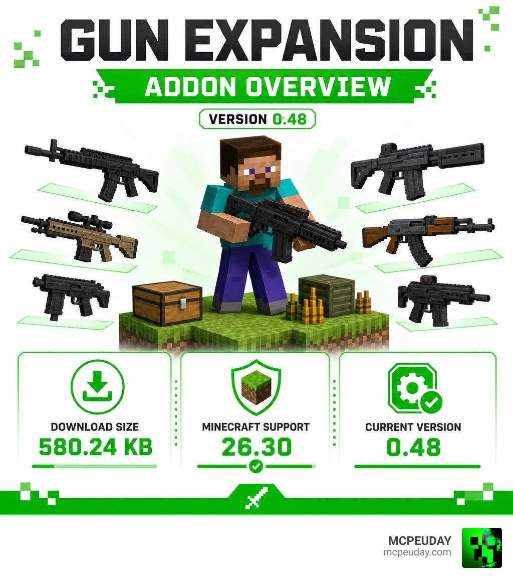 Gun Expansion Addon overview: version 0.48, 580.24 KB, Minecraft 26.30 support infographic