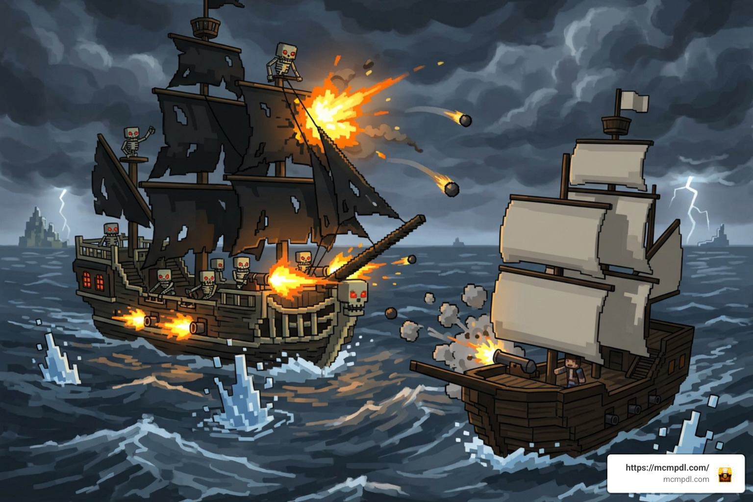 skeleton ship battle in Minecraft