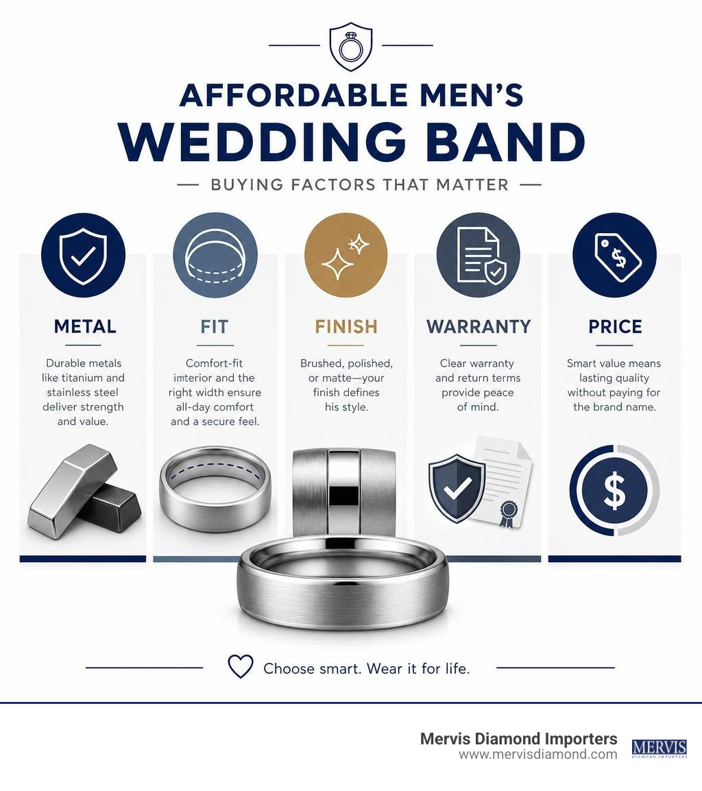 Affordable men's wedding band buying factors: metal, fit, finish, warranty, and price infographic Affordable men's wedding band buying factors: metal, fit, finish, warranty, and price infographic