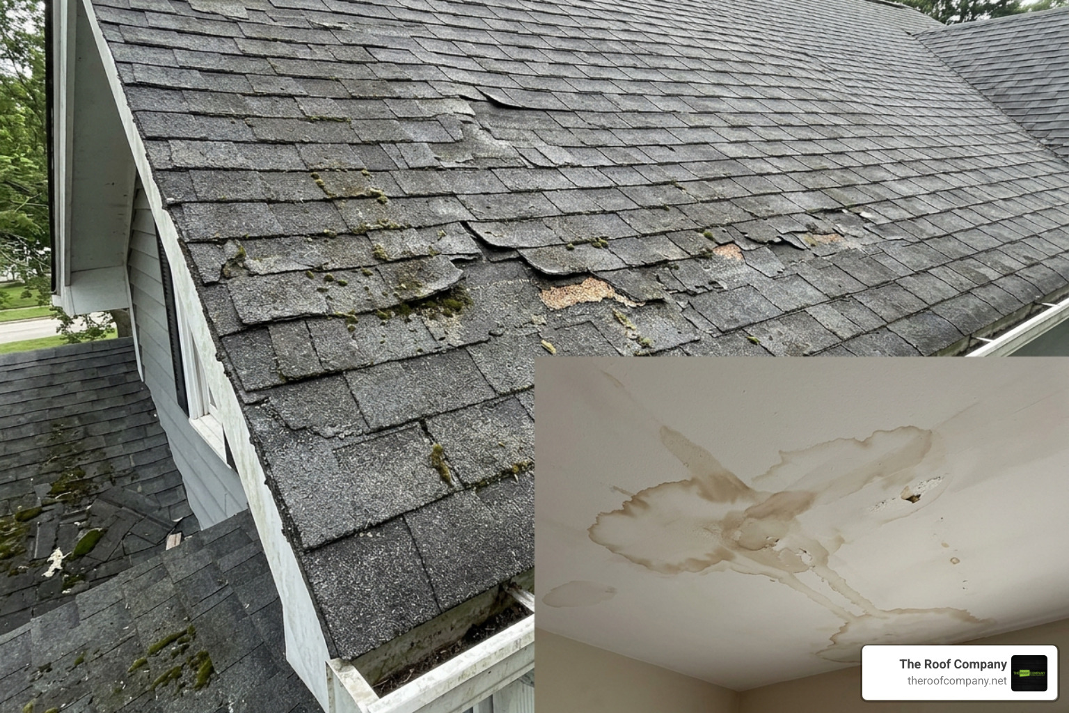 damaged asphalt shingles and leak stains