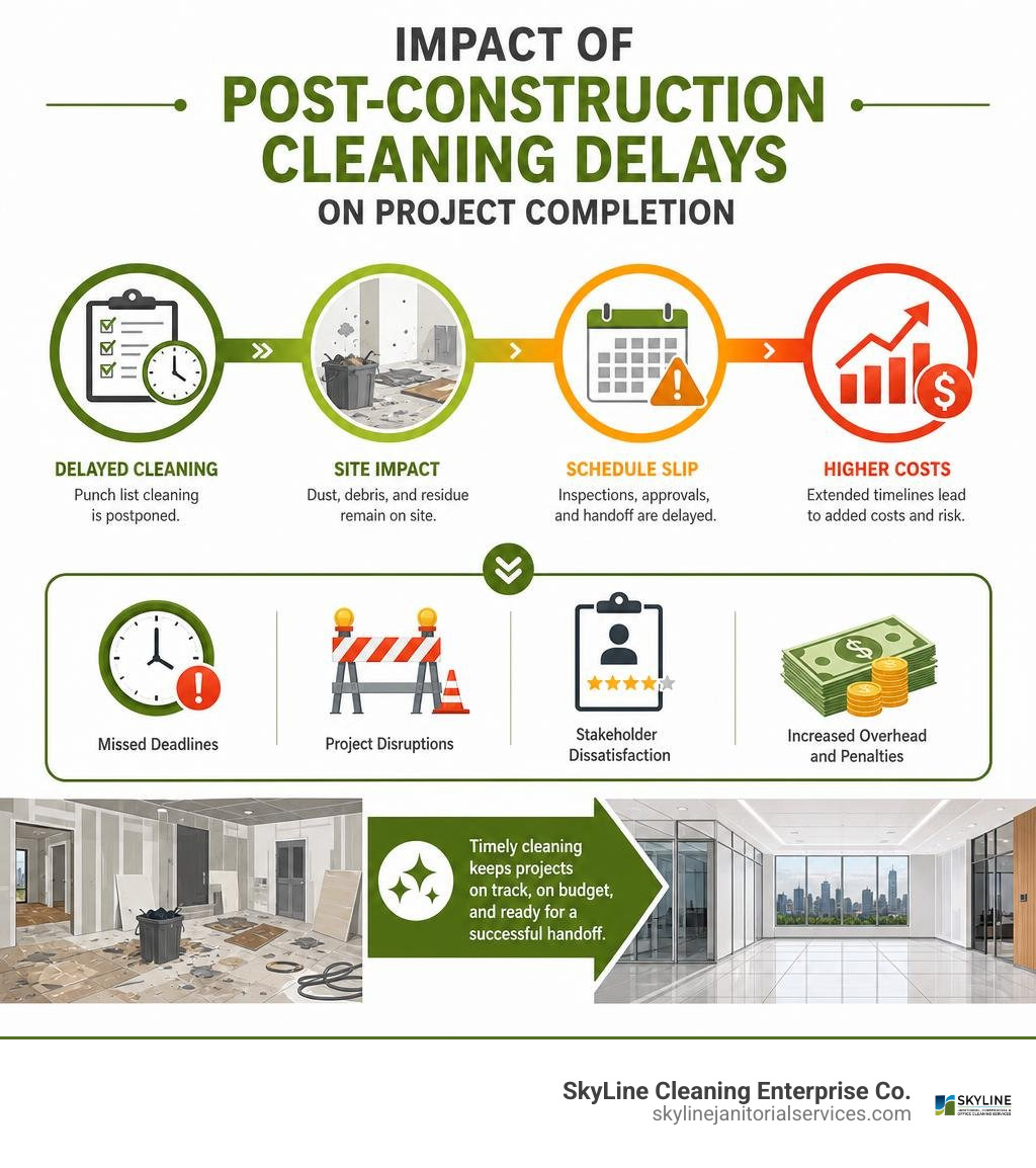 Impact of post-construction cleaning delays on project completion infographic Impact of post-construction cleaning delays on project completion infographic