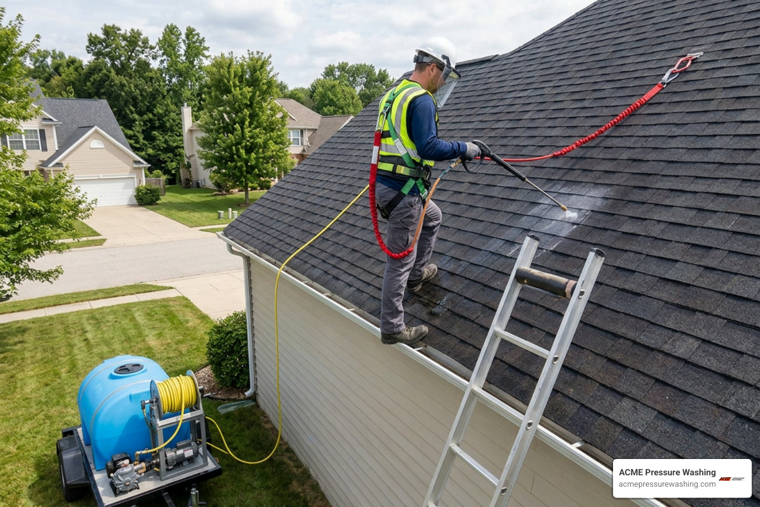 Safety equipment setup including harness, padded ladder stabilizer, and low pressure soft wash system